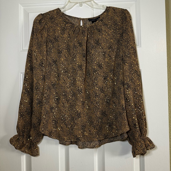 Sincerely Jules Gold Shimmer Long Sleeve Blouse Animal Print Size M‎ Shirt Top - Picture 1 of 5